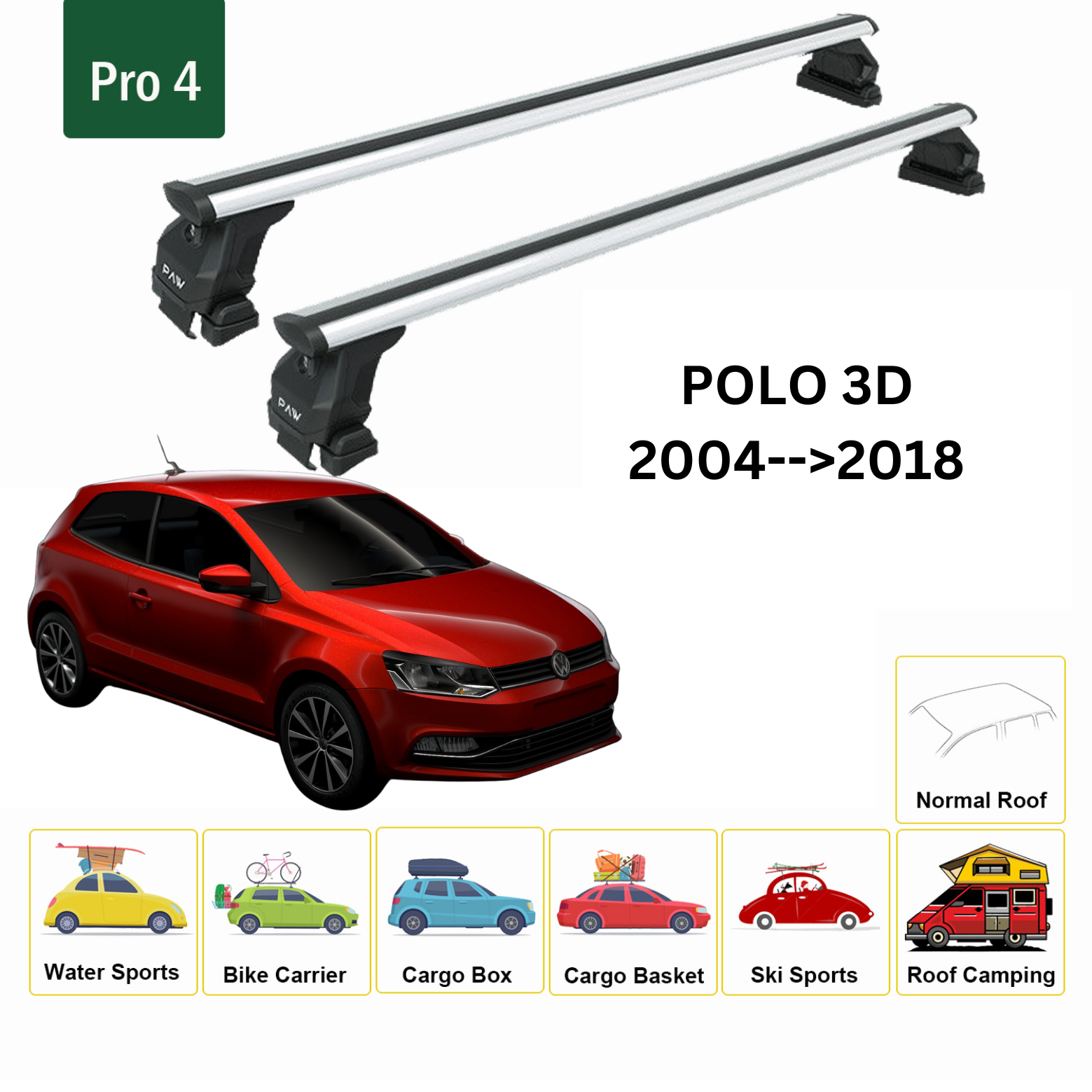 For Volkswagen Polo 3D 2004-2018 Roof Rack Cross Bar Metal Bracket Normal Roof Alu Silver For Volkswagen Polo 3D 2004-2018 Roof Rack Cross Bar Metal Bracket Normal Roof Alu Silver